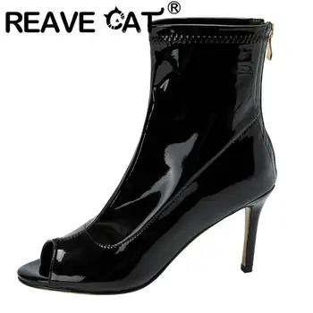 REAVE CAT/ Весенние Женские ботинки с открытым носком длиной 13,5 см, на тонком каблуке 7,5 см, На молнии, Большие размеры 33-44, Модные Сапоги до середины икры, вечерние S4188