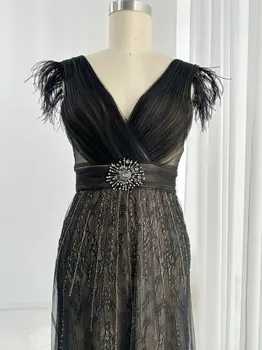 Черная сексуальная юбка с глубоким V-образным вырезом, перьями, сеткой на плечах, Тонкая юбка для банкета, вечернее платье M2003