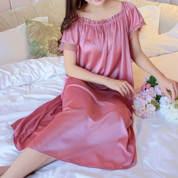 Женская летняя кружевная ночная рубашка Ice Silk с коротким рукавом, свободная ночная рубашка большого размера, пижамы