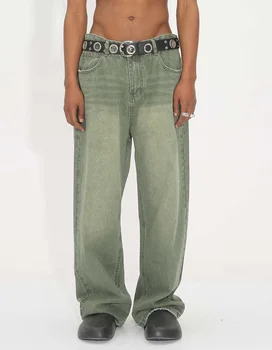 новая корейская версия 2023 года, свободная талия для стирки в воде, джинсы с зеленой окантовкой в стиле ретро для мужчин и женщин