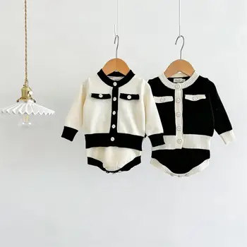 Модное детское пальто на вязаном ремешке для малышей, Ароматная верхняя одежда, комбинезон для девочек, Черно-белое боди, Осень