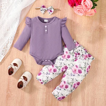 Одежда для новорожденных, комбинезон с длинными рукавами и рюшами, комплект брюк, леггинсы с цветочным принтом, осенне-зимняя одежда для младенцев