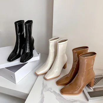 Ботинки на среднем каблуке, Зимняя обувь на молнии Для женщин 2023 года, кожаные женские осенние туфли-лодочки на высоком каблуке с резиновой подкладкой, Рим с квадратным носком