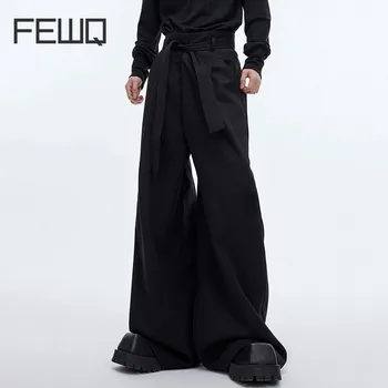 FEWQ Мужской повседневный костюм, брюки на шнуровке с высокой талией, Нишевый дизайн, Однотонные мужские брюки с широкими штанинами, индивидуальность, Новинка весны 9C4012