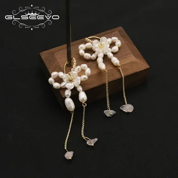 GLSEEVO Серьги-крючки из натурального пресноводного жемчуга для женщин, ушные крючки с бантом и кисточками, изысканные ювелирные изделия, Рождественская модная вечеринка