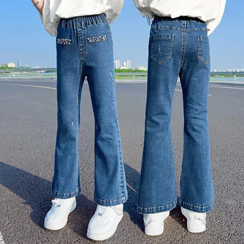 Брюки-клеш с высокой талией, джинсы для девочек, детские джинсовые брюки на весну-осень 2021 года, детские модные джинсовые брюки для подростков от 4 до 14 лет