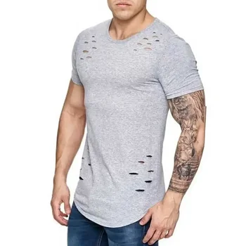 B1878 Рваные футболки с дырками, мужская футболка с коротким рукавом, летняя одежда для фитнеса, мужская забавная однотонная футболка, уличная одежда, тонкие топы, тройники