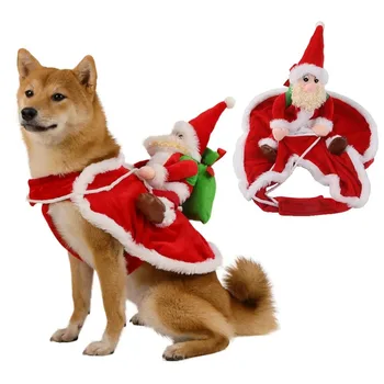 Рождественский Костюм Собаки Забавный Рождественский Санта-Клаус Верхом на Собаке Домашнее Животное Кошка Праздничный Наряд Одежда для Переодевания на Хэллоуин Рождество