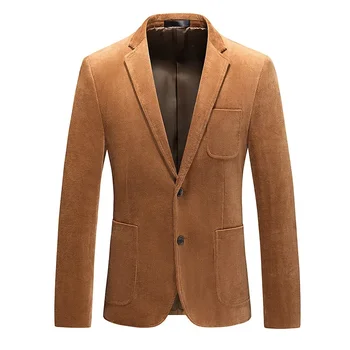 2023 Мужской вельветовый пиджак в полоску коричневого цвета с двумя пуговицами, однотонный деловой костюм