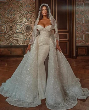 2024 Свадебные платья русалки с блестками, свадебные платья с открытыми плечами, роскошные вечерние платья Vestido De Noiva со съемным шлейфом 2023