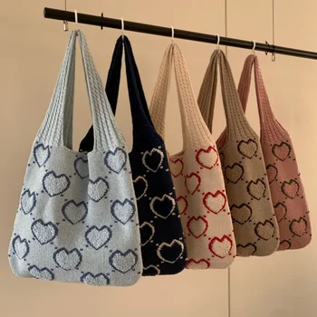 Вязаная сумка-тоут большой вместимости с милым сердечком, ретро-вязаная женская сумка через плечо, женская дорожная сумка для покупок, пляжная сумка 2023