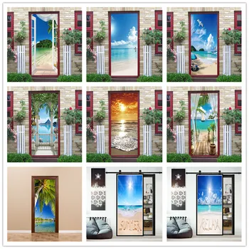 3D Обои Дверные Наклейки Самоклеящиеся Летние Плакаты Пляж Морской Пейзаж Дверные Фрески Дизайн Дома Украшения Наклейка vinilo puerta