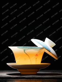 Чайная чашка Hover Sancai Gaiwan с ручной росписью, Белый нефрит, Фарфоровая подвесная чаша для заваривания чая, защита от ожогов