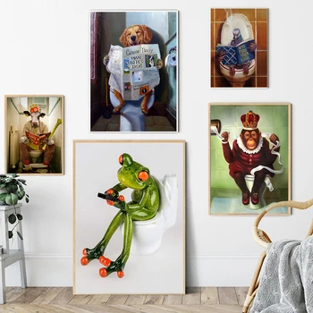 Забавная Собака, Слон, Лягушка на стене туалета, картина на холсте, Креативный плакат с животными в скандинавском стиле, украшение дома в туалете, ванной комнате