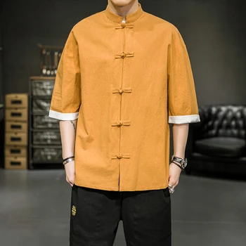 Свободная рубашка в тон шинуазри, Японское кимоно, Китайская рубашка со стоячим воротником и коротким рукавом, мужская рубашка, Корейская футболка, пальто