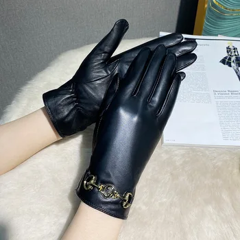 Женские перчатки из натуральной овчины, зимние теплые перчатки для текстовых сообщений на сенсорном экране с кашемировой подкладкой для вождения мотоцикла
