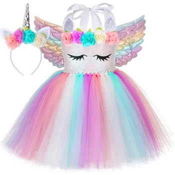 Платье с единорогом для девочек, пастельные блестки, цветы, детское платье принцессы для вечеринки на День рождения, детские платья для праздника Пурим, набор костюмов на Хэллоуин