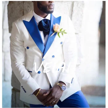 Бело-синий новый стиль, приталенный костюм, повседневное пальто, 2 предмета, плюс размер, Свадебный деловой мужской официальный блейзер, комплект брюк
