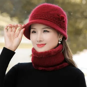 Женская зимняя шапка с кроличьим мехом, Повседневная Вязаная Шапка и шарф с подкладкой из меха, Ветрозащитная Утепленная теплая шапка-ведро