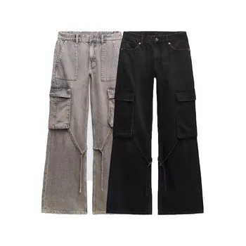 Zach AiIsa / осенняя новинка; женская модная универсальная рабочая одежда в стиле ретро со свободными карманами для путешествий; джинсовые широкие брюки со средней талией;