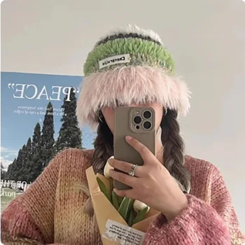 Новые женские шапки из плюша контрастного цвета, осенне-зимние модные Корейские повседневные теплые шапки-ведерки с имитацией норки