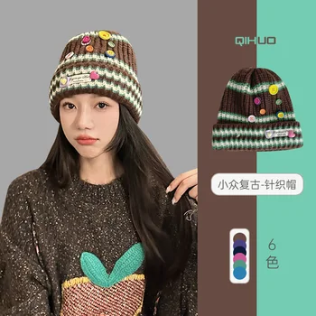 Японская цветная шляпа с изображением черепа для мужчин и женщин, осенне-зимняя защита ушей, теплый пуловер, модная полосатая шапочка-бини