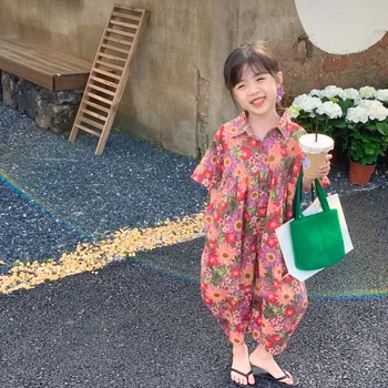 Летний комбинезон в корейском стиле с цветочным узором для девочек 2023 года, свободный тонкий комбинезон с коротким рукавом для маленьких девочек