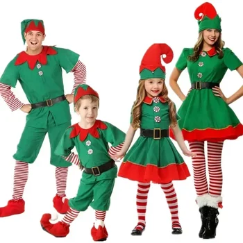 Зеленый Рождественский эльф Косплей костюм Санта Клауса Наряд Мужчины Женщины Девочки Мальчики Рождественская Семейная вечеринка Новогодний Необычный наряд