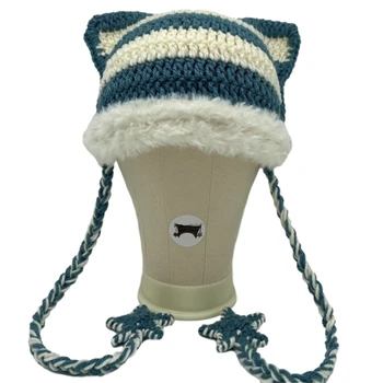 Вязаная шапка ручной работы в форме кошачьих ушей, зимняя шапка для девочек