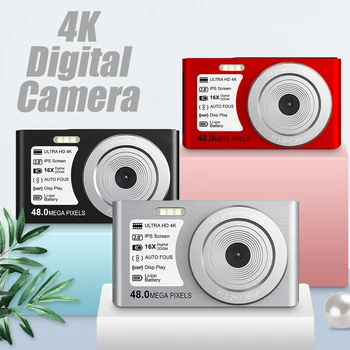 Мини-Цифровая камера 48 Мп 4K 16-Кратный Зум, Веб-камера с Автоматической фокусировкой, 32 ГБ Расширенной памяти, Защита от встряхивания, Встроенная Заполняющая Подсветка, Камера начального уровня
