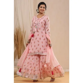 Розовая вышивка, прямые женские дизайнерские шаровары Kurta Sharara Duaptta