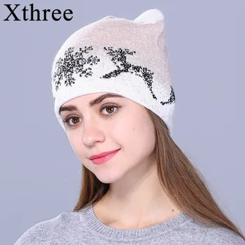 Кашемировая шапка Xthree, зимняя шапка для женщин, осенняя детская шапка, шерстяная вязаная шапка для девочки, шапочки для девочки, милая кошачья шапка
