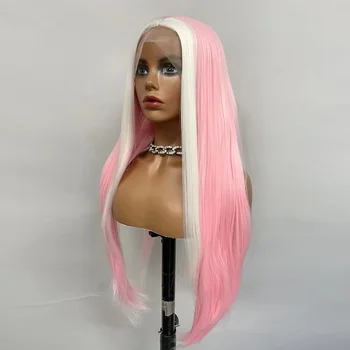 Розовый парик Синтетический Парик на кружеве Спереди, Белые Натуральные Прямые Парики для женщин, длинный парик для косплея из термостойкого волокна