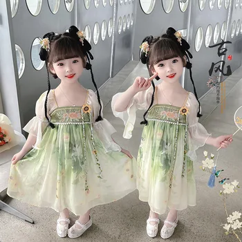 Наряд Китайской Девушки Зеленое Платье С Цветочной Вышивкой Hanfu Stage Wear Tang Костюм для Детей Традиционный Костюм Traditional Kids