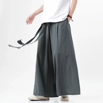 Льняные брюки Harajuku в китайском стиле, Хлопчатобумажные льняные брюки, Мужские Японские брюки-кимоно, мужская уличная одежда, Летние Ретро-широкие Свободные брюки
