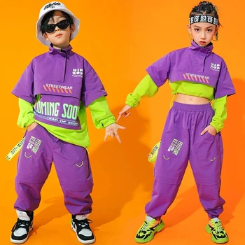 Уличный танцевальный костюм, современная бальная одежда для рейва, Новый Детский хип-хоп Танцевальный Джазовый костюм, Толстовка с длинными рукавами, Фиолетовые брюки, Свободные