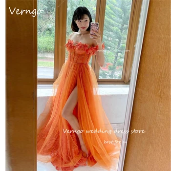 Verngo Сексуальное Оранжевое длинное платье для выпускного вечера с открытыми плечами, элегантные вечерние платья из тюля с разрезом, вечернее платье для вечеринки Vestidos
