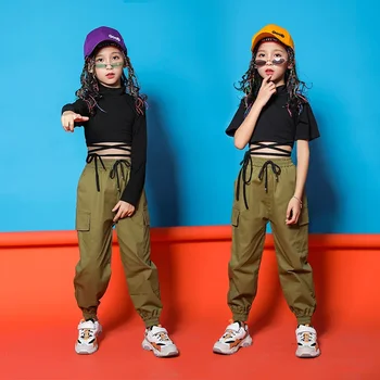 Детская одежда в стиле хип-хоп, танцевальные костюмы, укороченная толстовка для девочек, рубашка, топ, штаны для бега трусцой, уличная одежда для джазовых бальных танцев