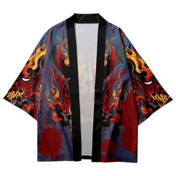 Модные Традиционные Кимоно с принтом Демона в стиле Аниме, Топы оверсайз, Японские Повседневные мужские рубашки-кардиганы Haori