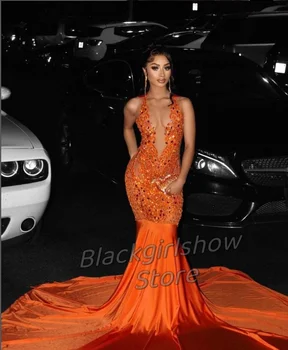 Оранжевые вечерние платья для вечеринок, сексуальный элегантный V-образный вырез, блестящий тюль, Прозрачная аппликация из кристаллов, праздничное платье на день рождения 2024 г.