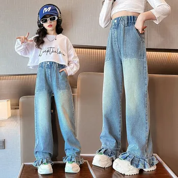 Расклешенные джинсы для девочек Джинсовые брюки для девочек Однотонные детские подростковые весенне-осенние детские джинсы для девочек 4, 6, 9, 12, 14 лет