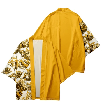 Японское кимоно для мужчин/ женщин с волнистым принтом Harajuku, традиционная пляжная рубашка с короткими рукавами, летние халаты, Кимоно Mujer