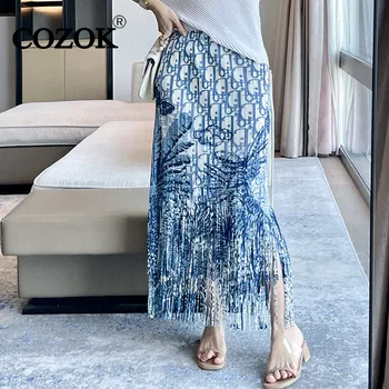 COZOK Элегантная женская модная юбка в складку, новинка весны 2024 года, повседневная юбка длиной до колена с кисточками, женская юбка WT746
