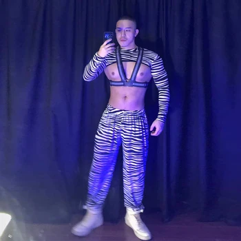 Мужская танцевальная одежда для ночного клуба Gogo с рисунком зебры, костюм для танца на шесте, костюм для вечеринки Muscle Man, одежда для рейва, фестивальная одежда