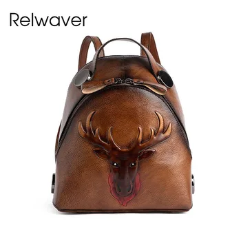 Рюкзак из натуральной коровьей кожи Relwaver с тиснением головы оленя, женский рюкзак 2024, весна-лето, рюкзак в винтажном стиле с мелкими животными