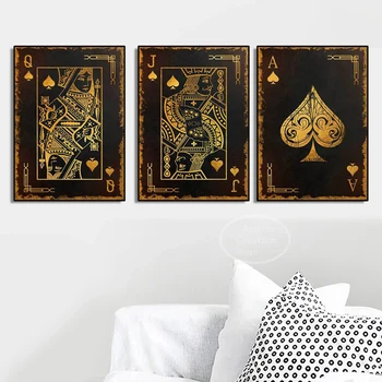 Золотой туз Карточный покерный плакат Королева и король игральных карт, холст, художественная печать, картина для домашнего декора гостиной
