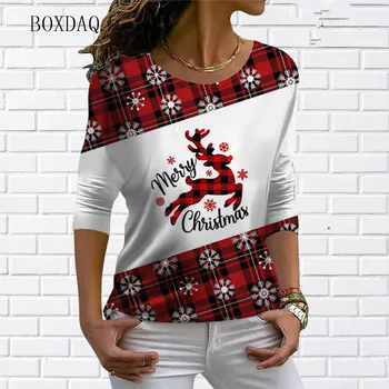 Женские футболки в клетку с 3D Рождественским рисунком оленя, осенне-зимняя уличная одежда с длинным рукавом, женские футболки, повседневные топы большого размера 6XL