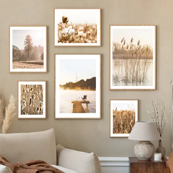 Осенний мост, Озеро, Лес, Пшеничная трава, осенние плакаты, принты на холсте, картины на стену в скандинавском стиле для домашнего декора гостиной