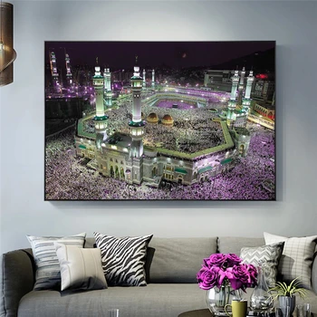 Великая мечеть Мекки; художественные плакаты и принты; Вид на ночь в Мекке; мусульманские настенные панно; исламская художественная роспись на стене; Декор