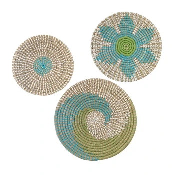 Упаковка из 3 настенных корзин из натуральной травы, декоративных драпировок, круглых плоских плетеных корзин